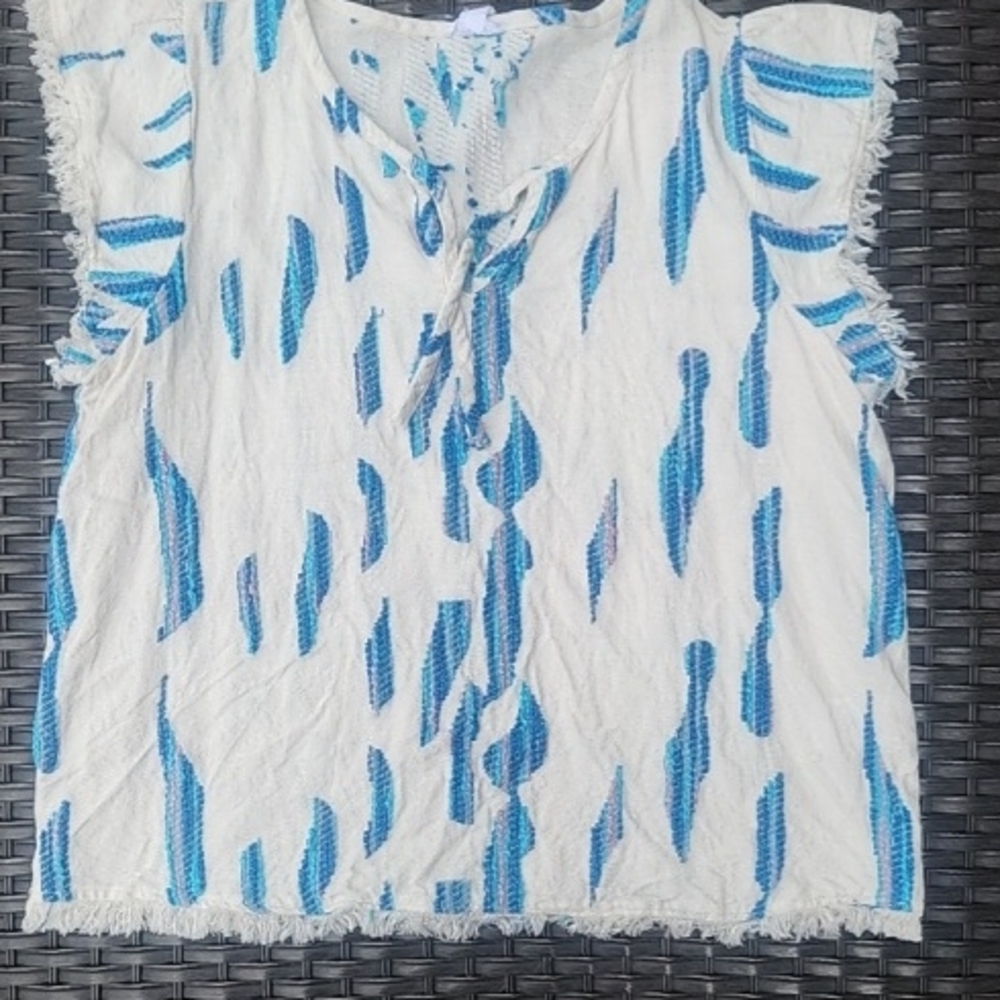 Women’s Tribal Jeans Ofd White Blue And Pink Abstract Print Tee Size Large